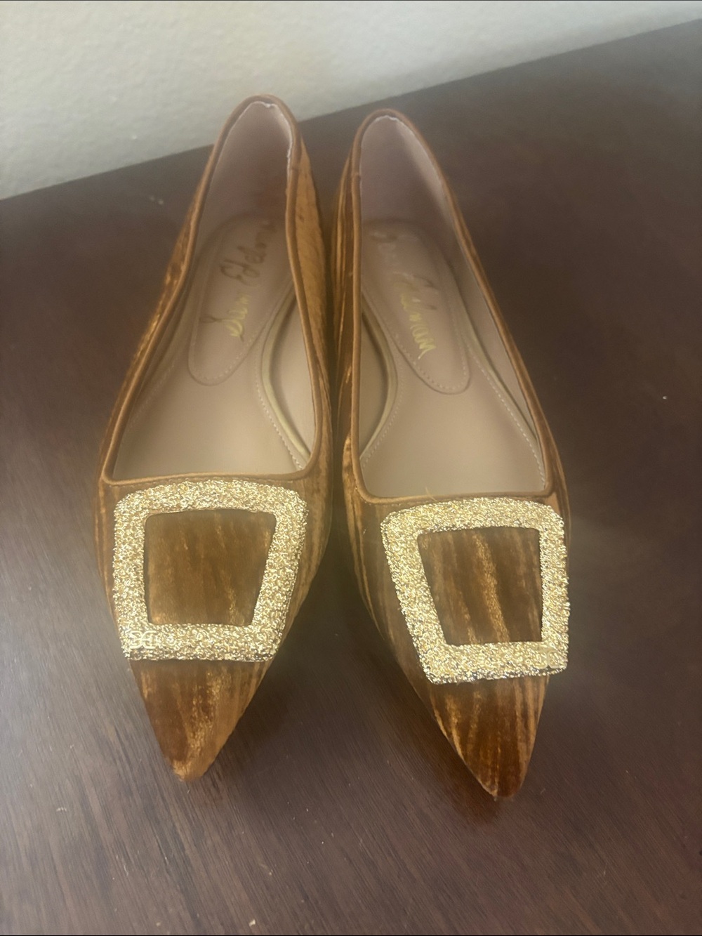 Sam Edelman Brown Velvet Pointed Flats with Gold Buckle size 8 NWOT